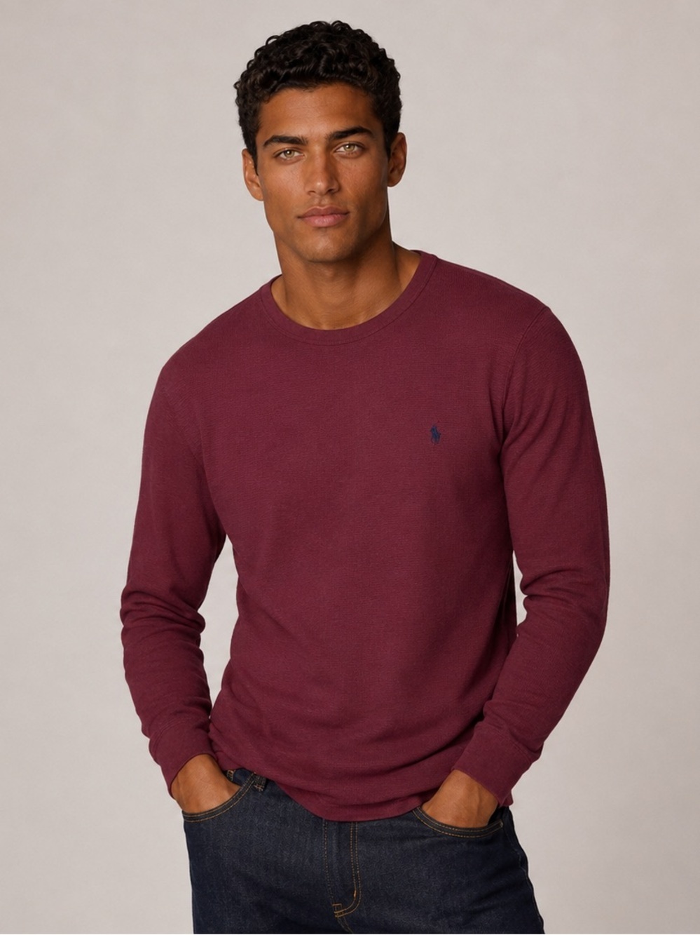 Polo Ralph Lauren Waffle Knit Thermal Shirt Maroon Navy Pony Logo L